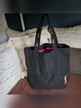 Yves Saint Laurent Black Canvas Tote with Gold Logo and Pink Interior